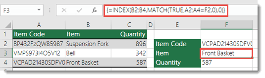 If you're using INDEX/MATCH when you have a lookup value greater than 255 characters is needs to be entered as an Array formula.  The formula in cell F3 is =INDEX(B2:B4,MATCH(TRUE,A2:A4=F2,0),0), and is entered by pressing Ctrl+Shift+Enter