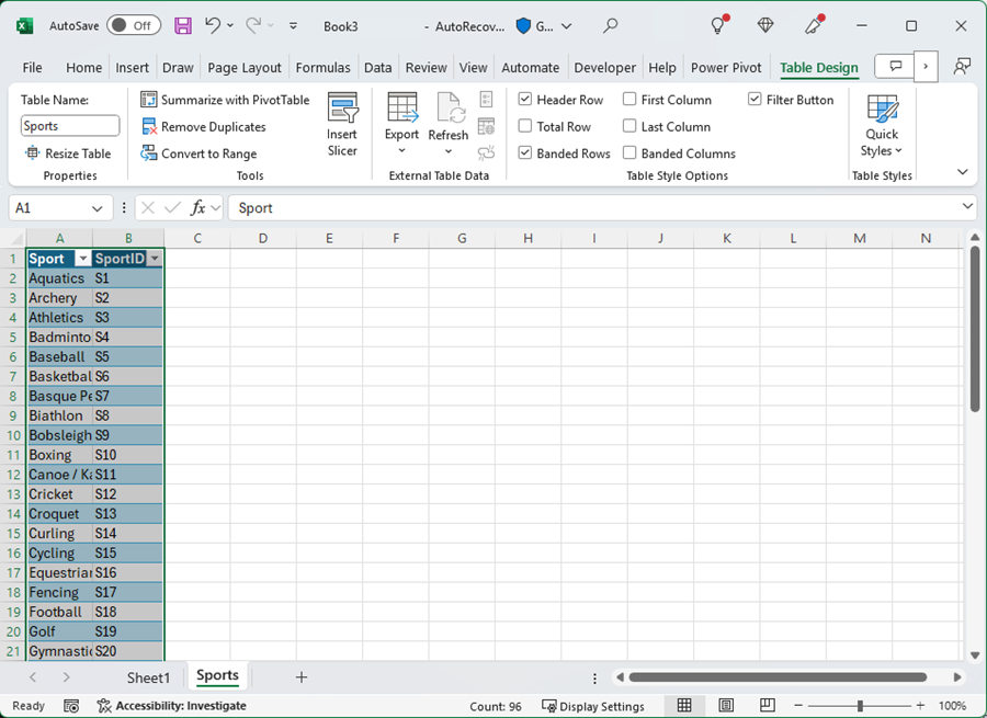 Name a table in Excel