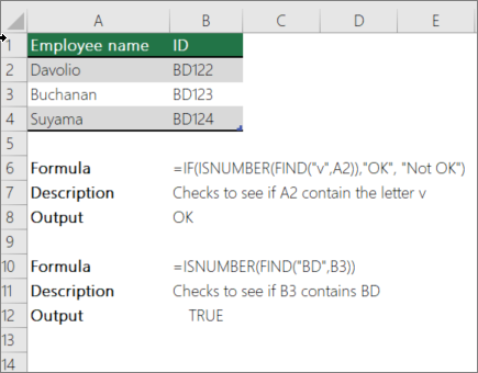 An example using IF, ISNUMBER, and FIND functions to check if a part of a cell matches specific text
