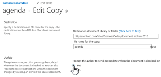 Click Yes in the Prompt the author to send out updates when the document is checked section