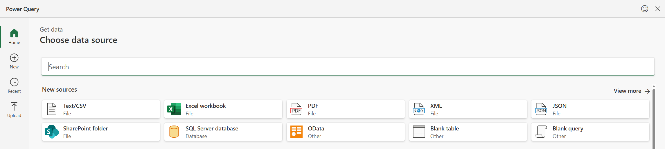 The data source selection menu for Power Query.