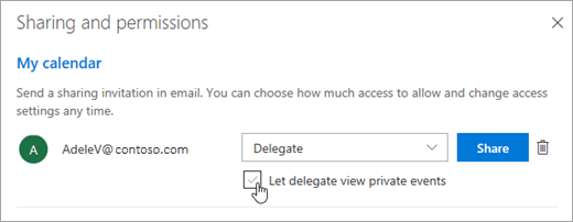A screenshot of the Let delegate view private events check box