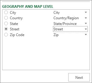 Geography and Map Level in the Task pane