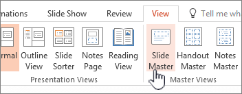 shows the slide master button on the ribbon in PowerPoint
