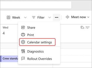 Screenshot highlighting calendar settings in the Teams calendar.
