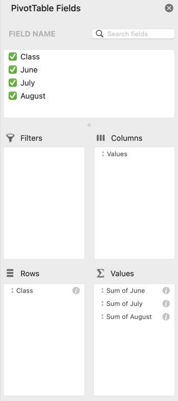 The PivotTable fields pane in Mac.