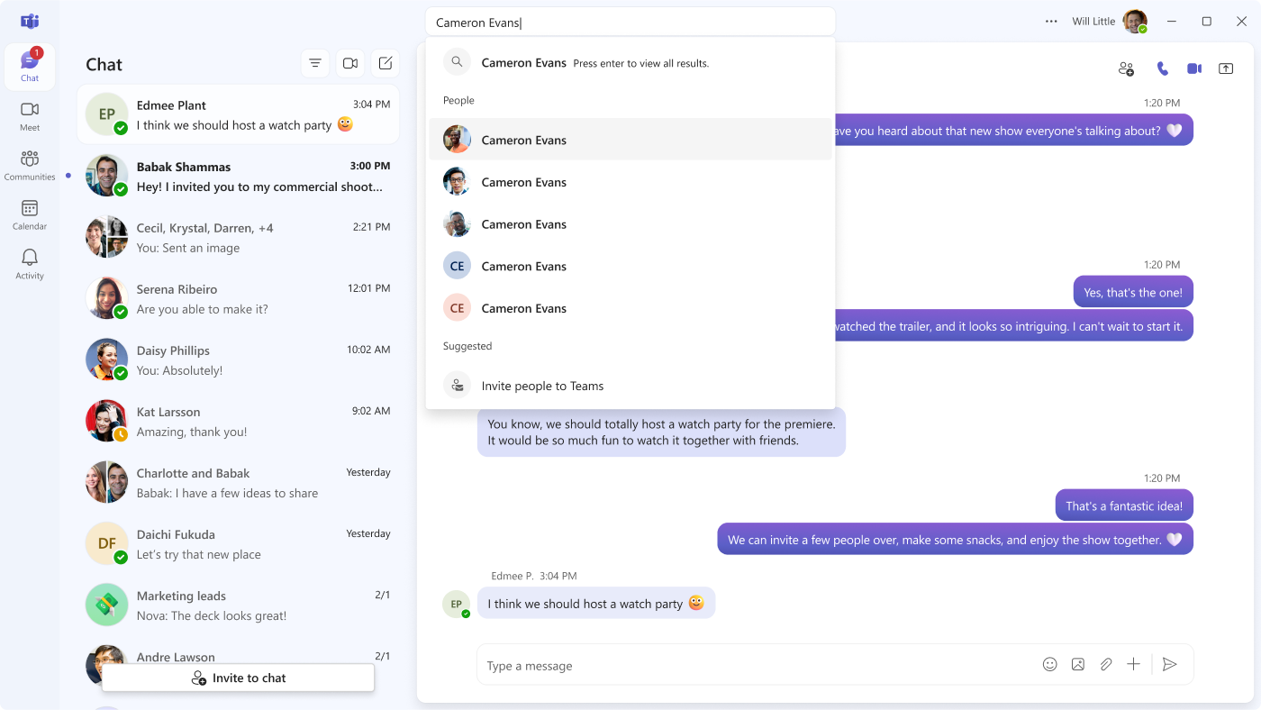 Search bar in Teams with phone and video icons