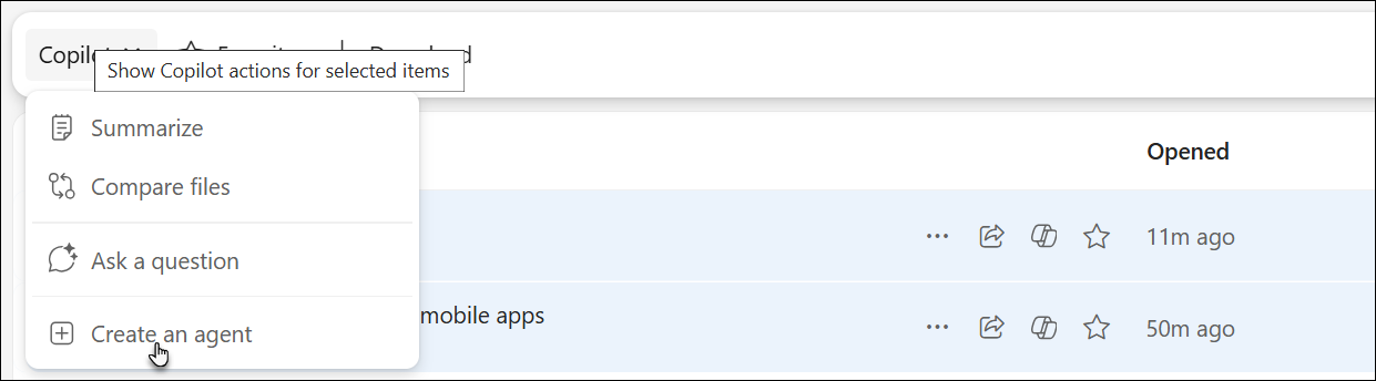 Screenshot showing how to access and create an agent in OneDrive.