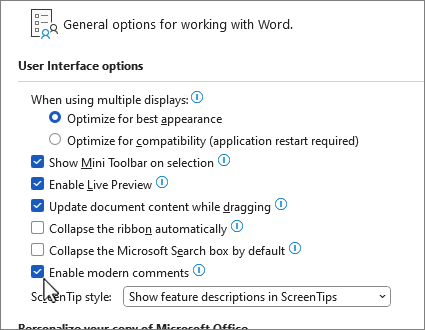 Modern comment options setting under General options