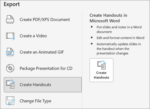 Export create handouts button screenshot.