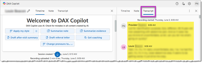 The DAX Copilot in Epic screen displaying the Timeline and Transcript tabs.