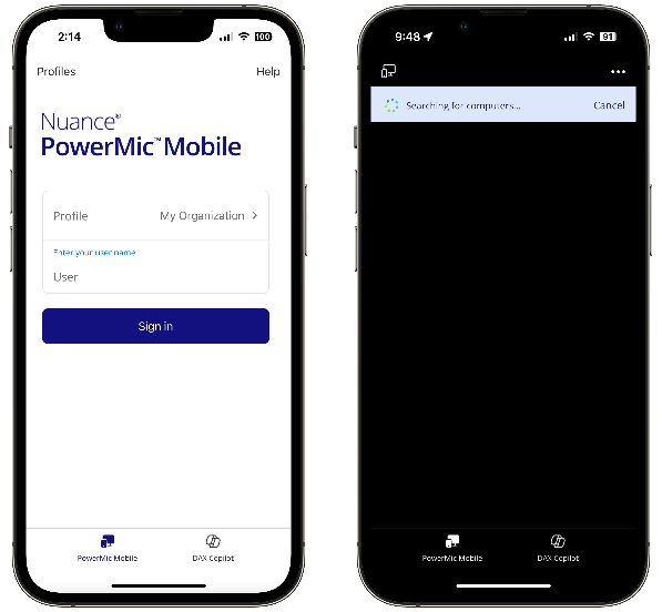 On left, PowerMic Mobile login screen. On right, PowerMic Mobile attempting to pair.