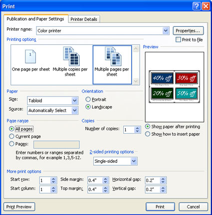 Print dialog box with Multiple pages per sheet option