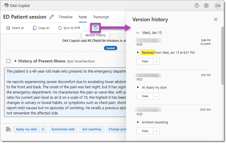 Image highlights arrow pointing to Version History tab provides different versions of the particular note.