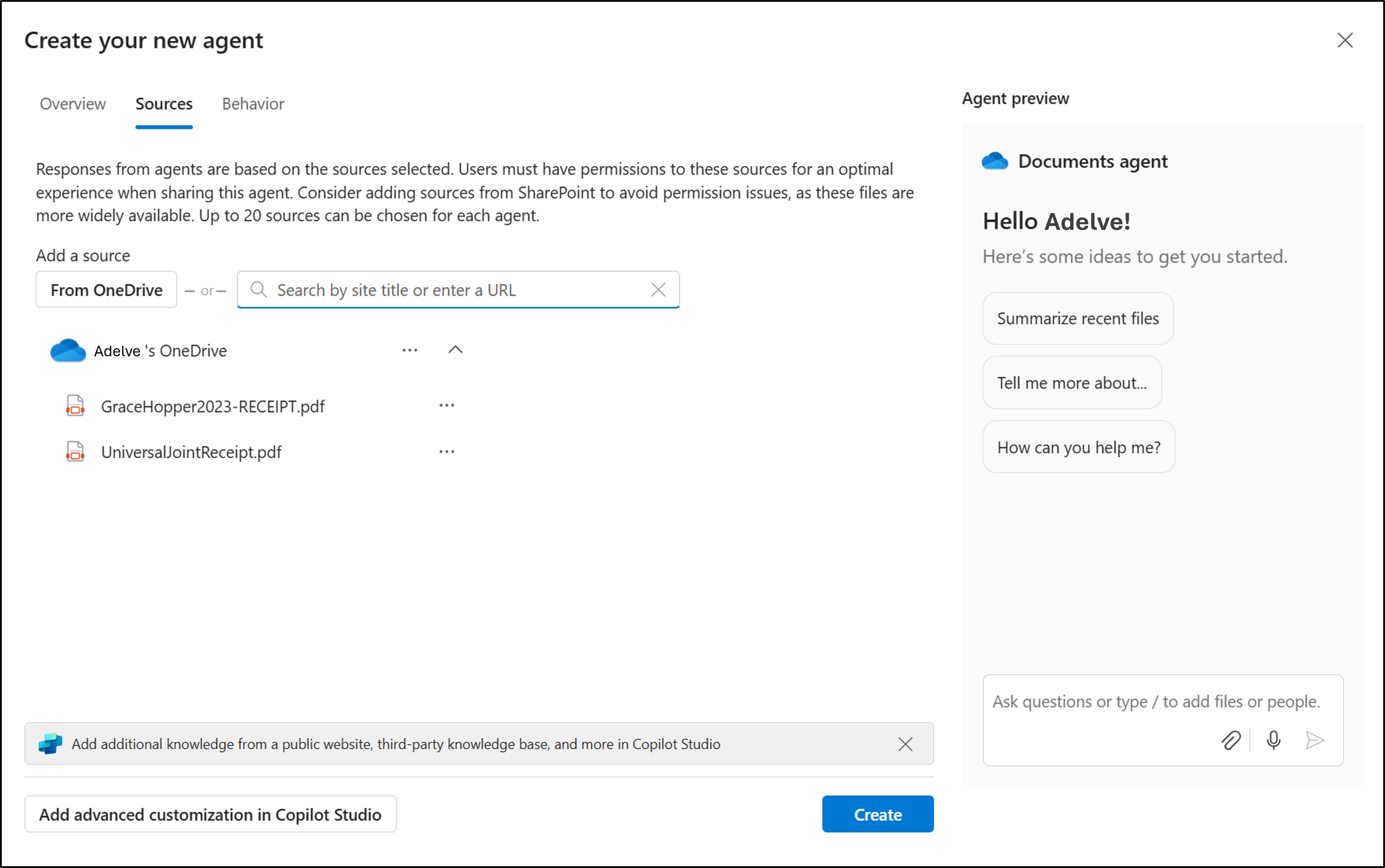 Screenshot of OneDrive agent builder