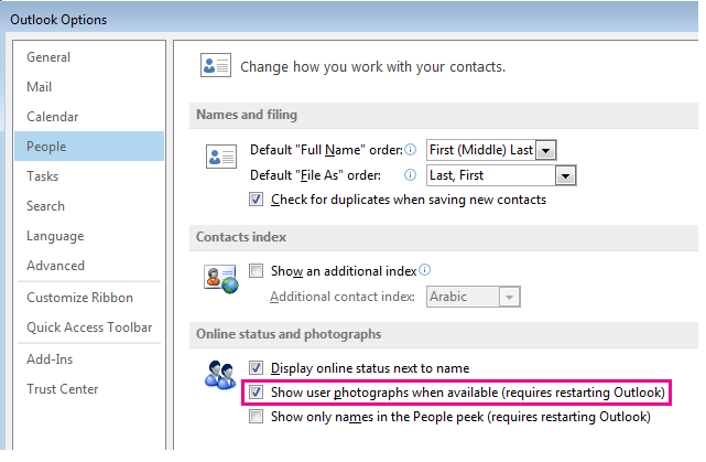 Screenshot of Outlook Options window with Enable photos checkbox highlighted