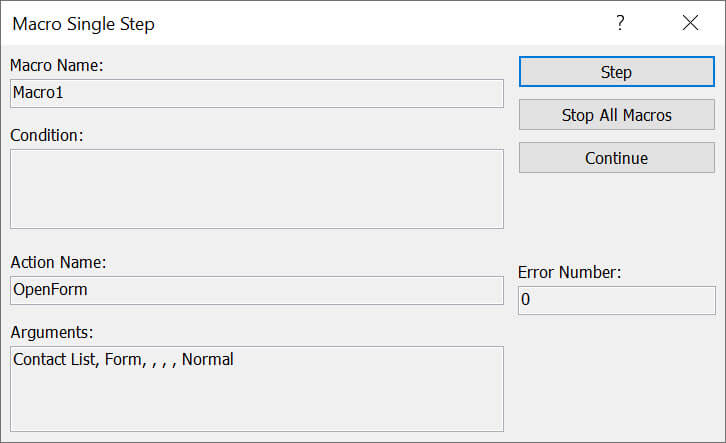 Macro Single Step dialog box