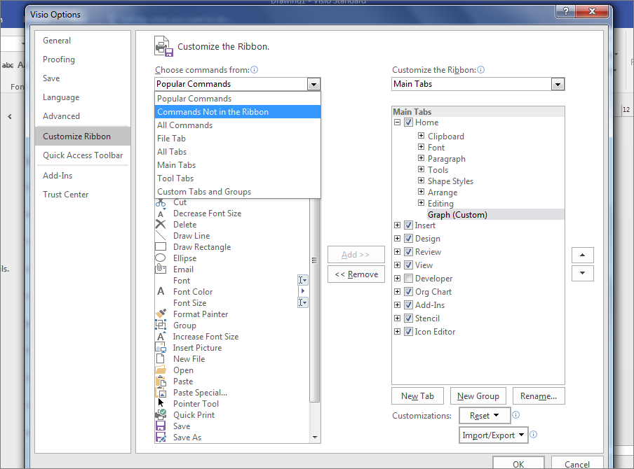 Select Commands Not in the Ribbon.