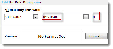 Edit conditional formatting rule box